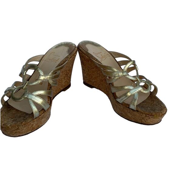 Louboutin 36 Gold Metallic Cork Wedge Mule Sandals - Picture 13 of 13
